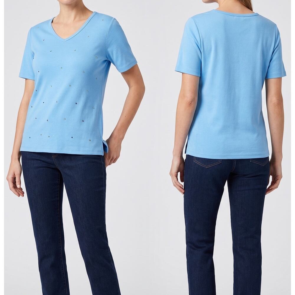 The Quacker Factory XS V Neck Short Sleeve TShirt Beaded NEW NWT Blue